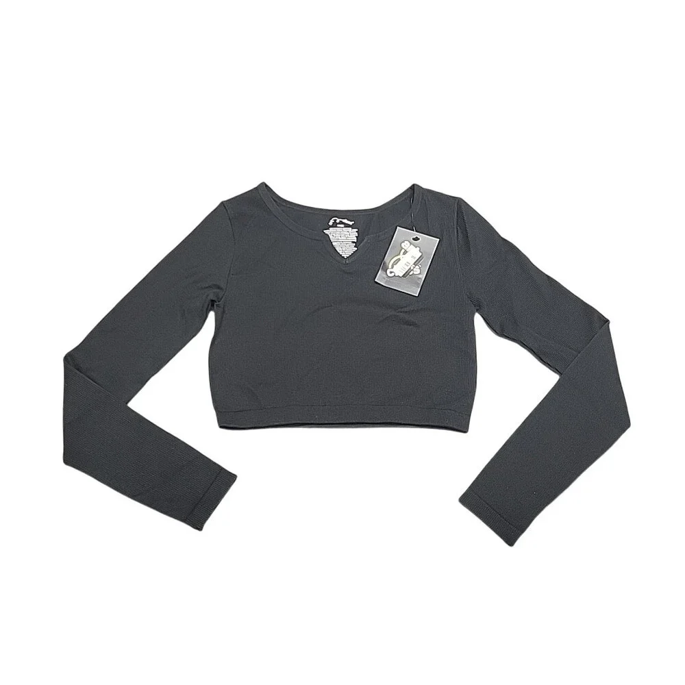 Girls Long Sleeves Notch Neck Seamless Tee Shirt - art class Black Medium Size 8